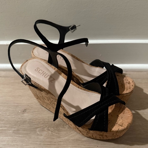 Schutz Black Strappy Sandals with Cork Sole - Picture 6 of 6